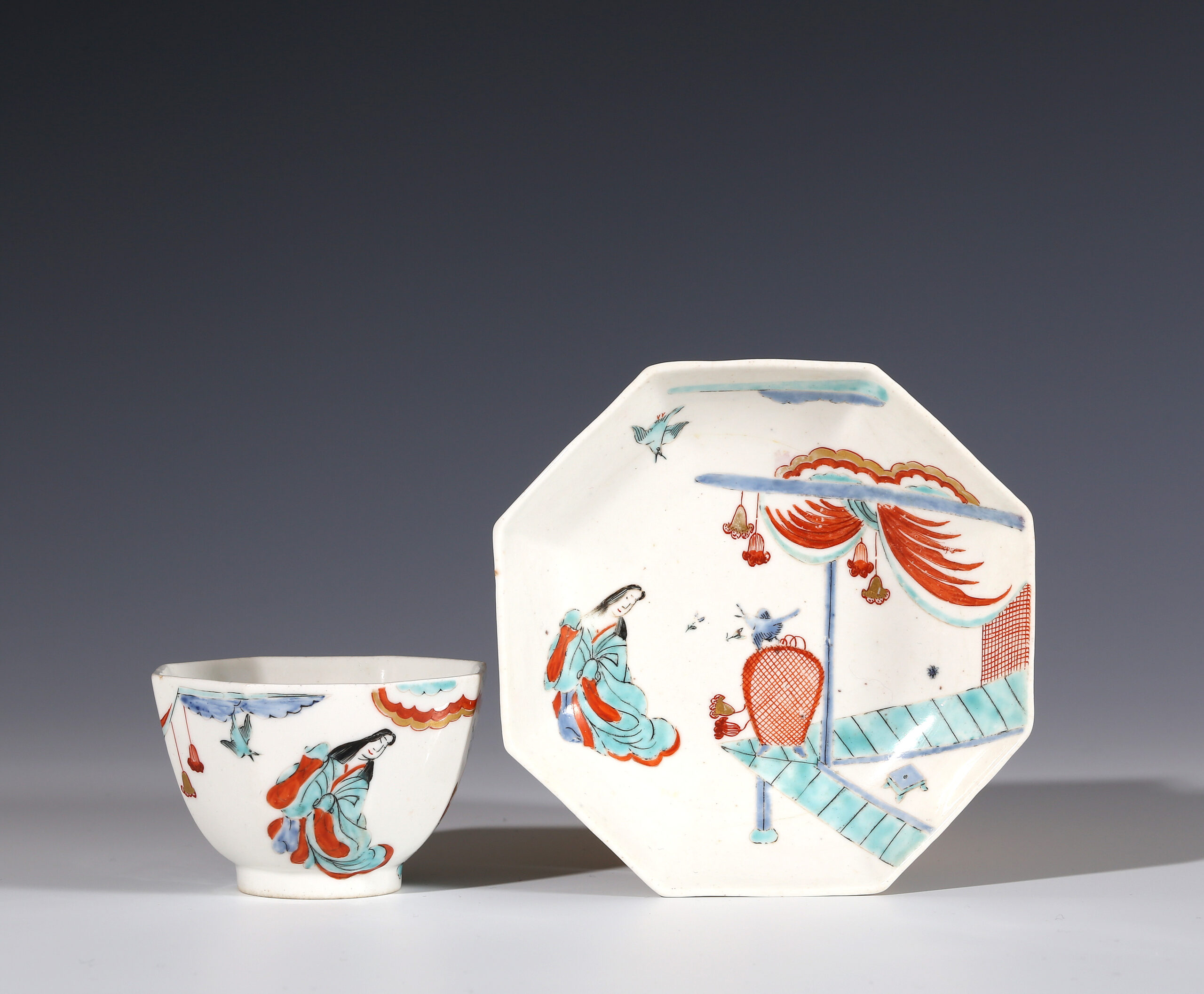 A CHELSEA ‘LADY IN A PAVILION’ OCTAGONAL TEABOWL AND SAUCER